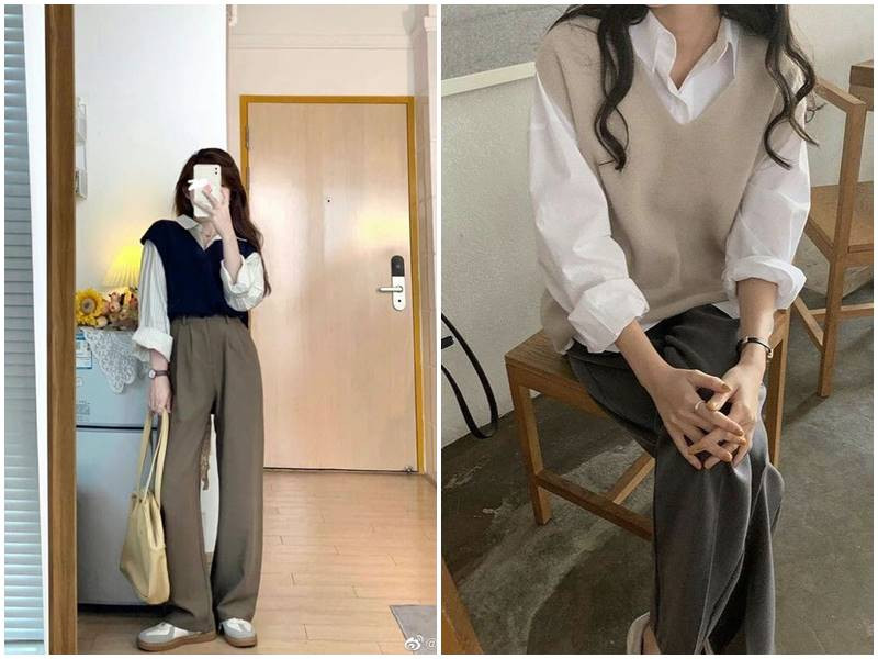 Phối quần suông ống rộng với áo len gile thời trang