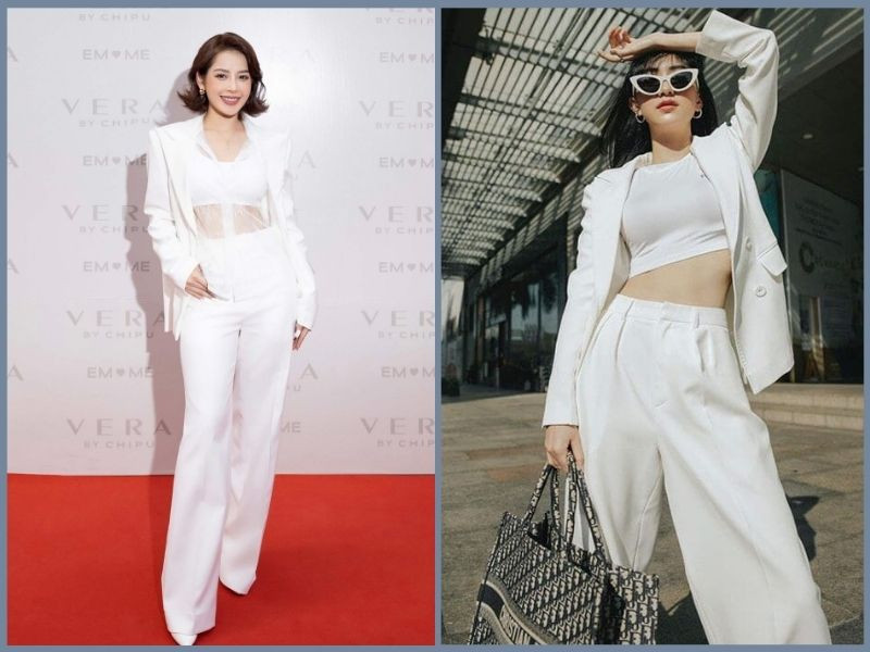 Phối quần tây ống loe trắng với áo blazer trắng tạo vẻ ngoài thanh lịch