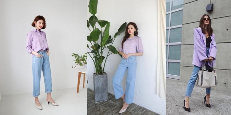 Phối quần xanh dương với áo màu tím nhẹ nhàng