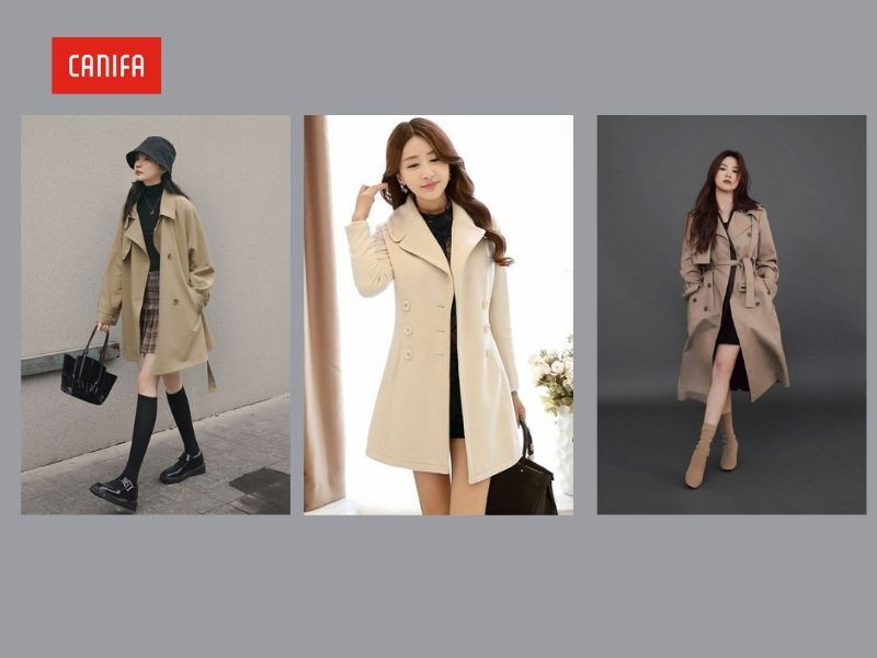 Phong cách áo măng tô nữ Hàn Quốc thanh lịch, người mẫu diện áo măng tô màu be phối cùng trang phục tối màu bên trong, tôn lên vẻ đẹp nữ tính và thời thượng.
