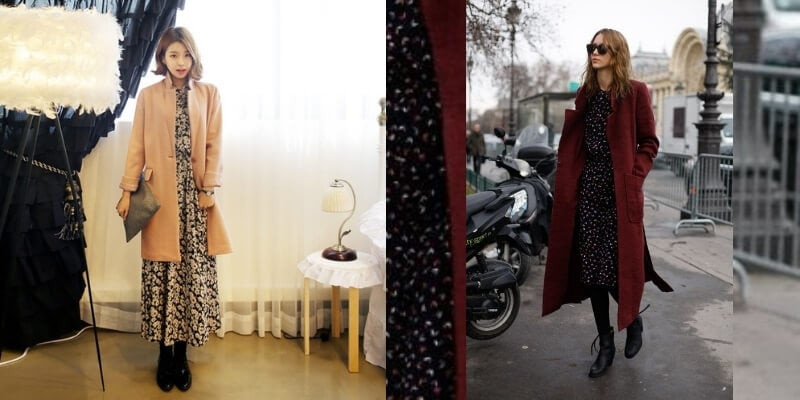 Phong cách Boho chic với áo dạ dài dáng suông và váy maxi họa tiết hoa nhí, mang đến vẻ ngoài phóng khoáng, lãng mạn.