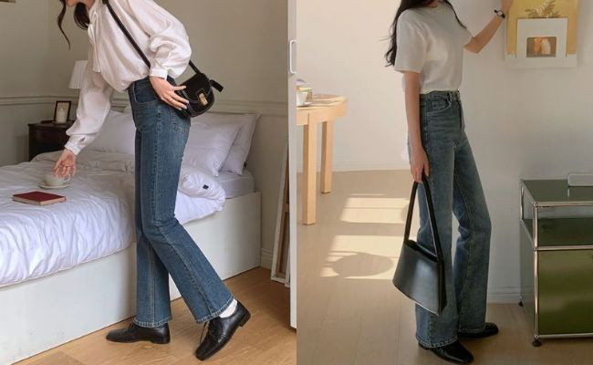 Phong cách cổ điển pha hiện đại với áo sơ mi trắng, quần kaki ống rộng kẻ sọc và giày Oxford da nâu