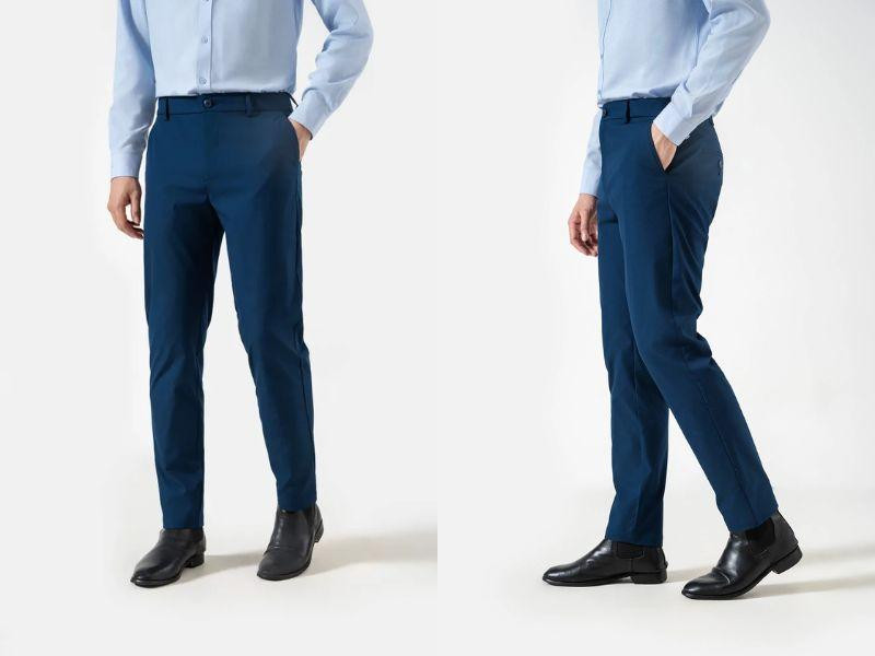 Phong cách công sở với quần xanh than và áo sơ mi xanh dương nhạt, tạo vẻ ngoài chuyên nghiệp và hiện đại.