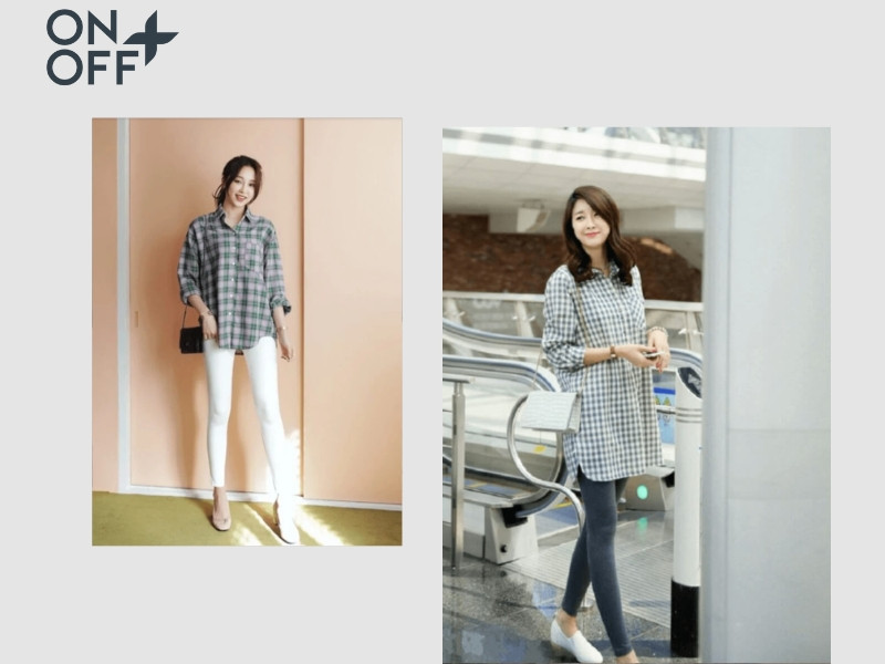 Phong cách năng động với áo sơ mi kẻ caro xanh phối cùng quần legging đen, cách phối áo sơ mi với quần legging cá tính.