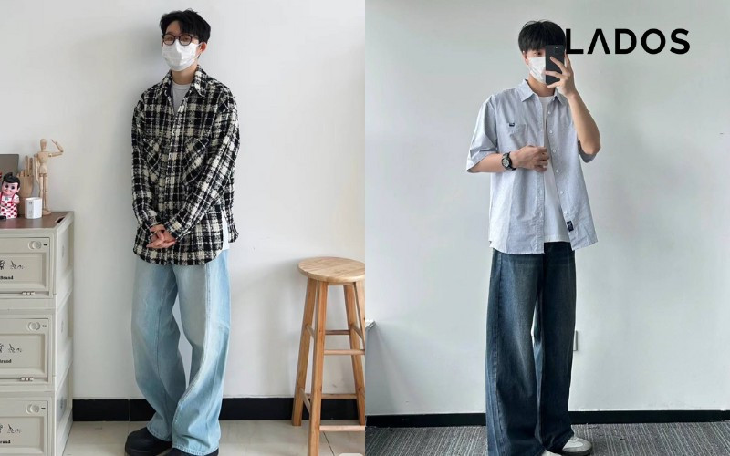 Phong cách phối quần jean ống rộng áo sơ mi nam hiện đại, cá tính