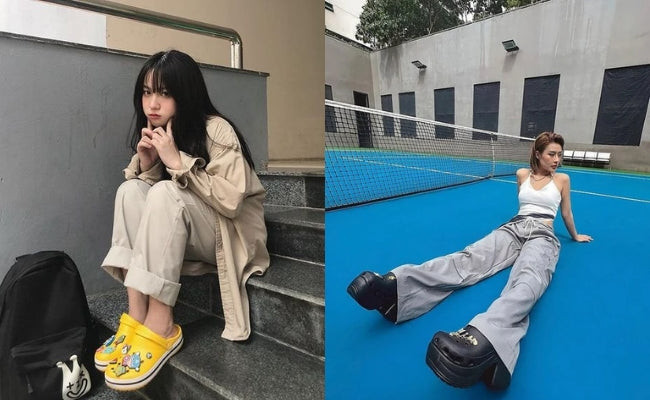 Phong cách street style với áo thun trắng, quần kaki ống rộng màu be và giày clog Crocs đen mang vẻ năng động, thoải mái