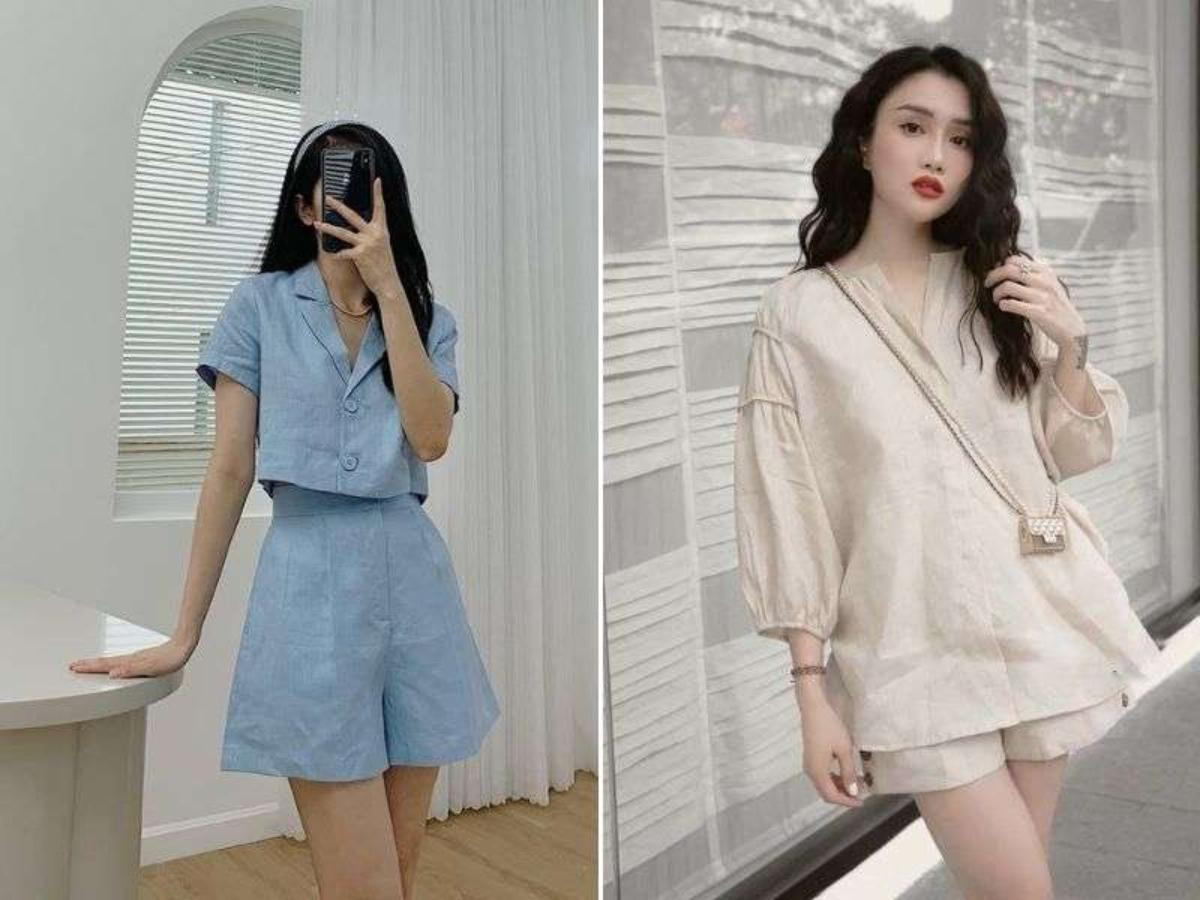 Phong cách tinh tế với áo sơ mi linen và quần short đồng màu, mang lại vẻ ngoài dịu dàng, sang trọng