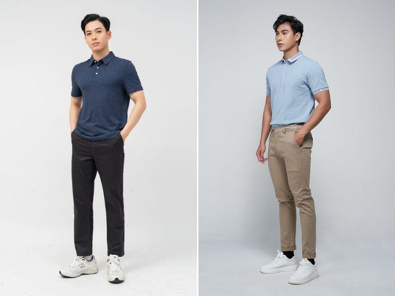 Phong cách trẻ trung với áo polo xanh denim, quần tây trắng kem và giày sneaker trắng, bí quyết 'hack tuổi' hiệu quả cho phái mạnh