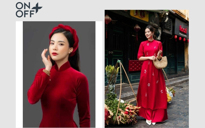 Phụ kiện vòng cổ ngọc trai tinh xảo và chiếc mấn đội đầu truyền thống tô điểm cho bộ áo dài đỏ, nâng tầm vẻ đẹp sang trọng và duyên dáng.