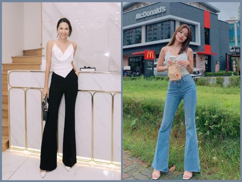 Quần ống loe đen phối với áo hai dây cá tính, quyến rũ
