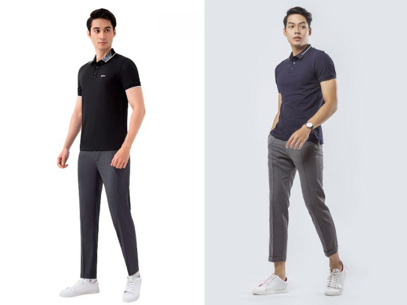 Quý ông diện áo polo nam màu xanh than cùng quần tây xám sáng, kết hợp tạo dáng đi tự tin, phong thái lịch thiệp