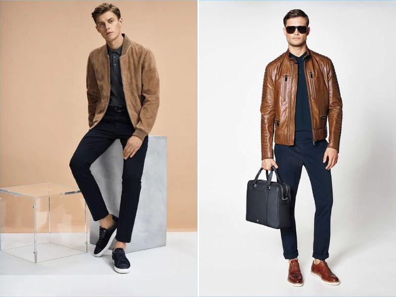 Quý ông lịch lãm với áo polo trắng, quần tây đen và áo khoác dáng dài màu xám tro, phù hợp cho những ngày đông se lạnh