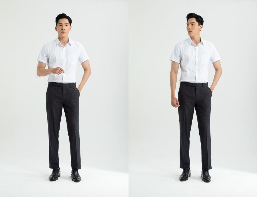 Quý ông lịch lãm với áo sơ mi trắng, quần tây đen và giày tây da bóng