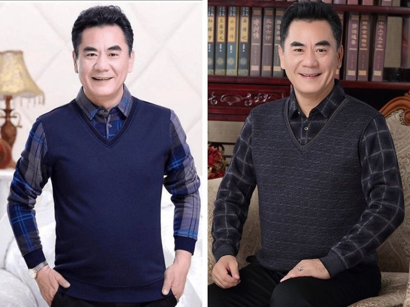 Set đồ áo len gile cổ tim phối cùng áo polo dài tay mang lại sự ấm áp và phong cách layer tinh tế cho người cao tuổi