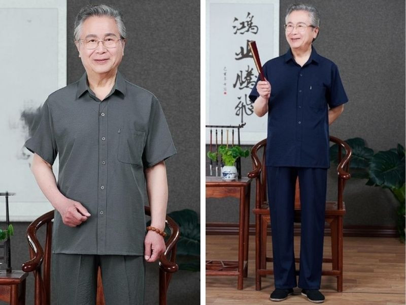 Set đồ bộ mặc nhà với áo sơ mi cổ trụ làm từ vải đũi mang lại sự nhã nhặn, lịch thiệp mà vẫn thoáng mát