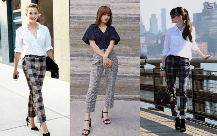 Set đồ công sở thanh lịch với quần caro ống rộng và áo sơ mi trắng