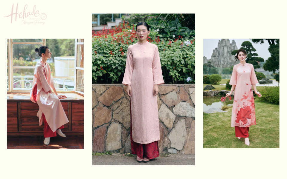 Sự kết hợp táo bạo giữa áo dài hồng và quần đỏ mang lại vẻ ngoài rực rỡ và cuốn hút