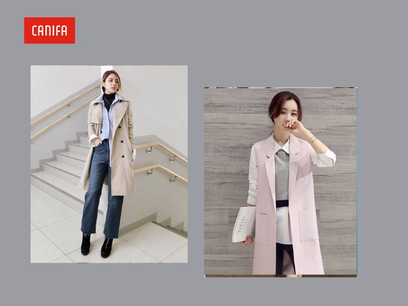 Sự kết hợp tinh tế giữa áo sơ mi trắng, áo gile len màu be và áo khoác măng tô dài, mang đến vẻ ngoài trẻ trung, thanh lịch và ấm áp cho quý cô công sở.