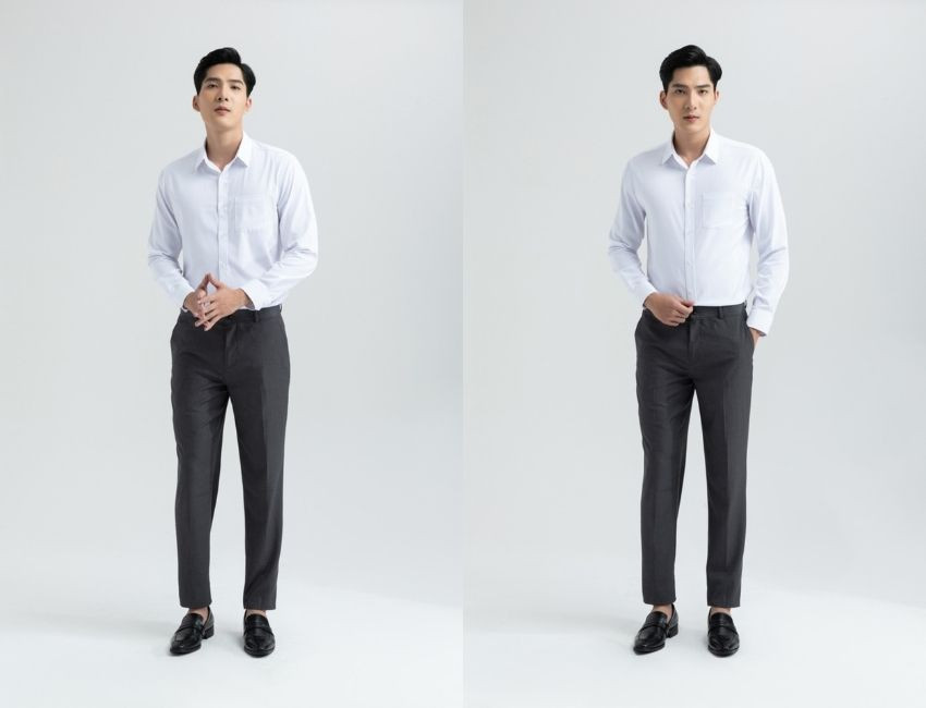 Sự kết hợp tinh tế giữa áo sơ mi trắng quần tây đen và giày Oxford lịch sự