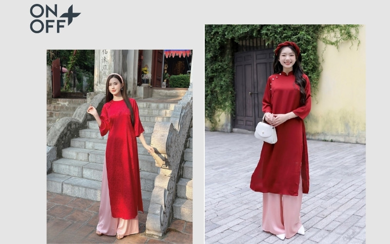 Thiết kế áo dài đỏ thêu hoa tinh xảo phối cùng quần hồng phấn nhẹ nhàng, mang lại vẻ đẹp ngọt ngào, trẻ trung và duyên dáng.