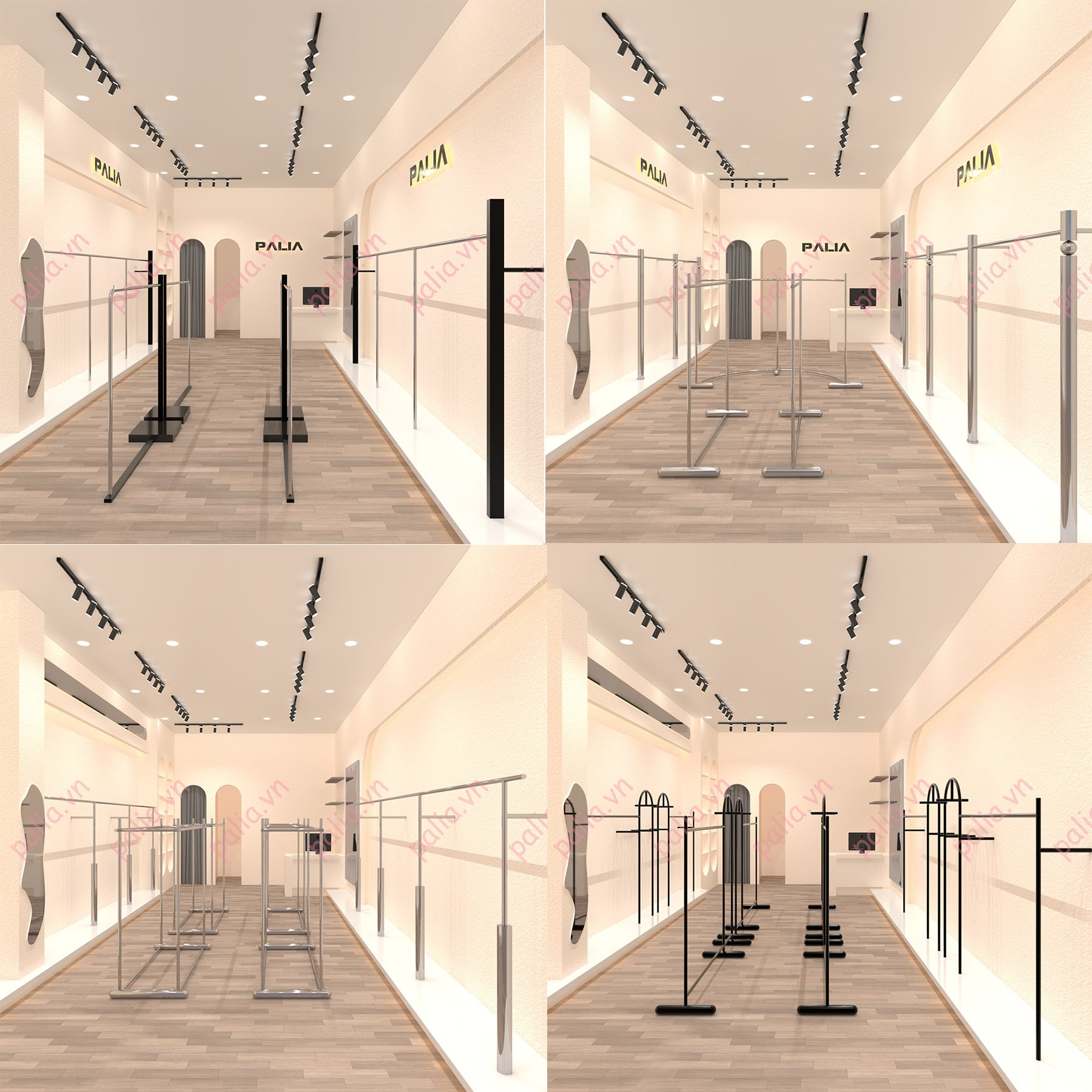 Thiết kế nội thất shop quần áo nữ nhỏ gọn với giá treo hiện đại, tối ưu không gian trưng bày