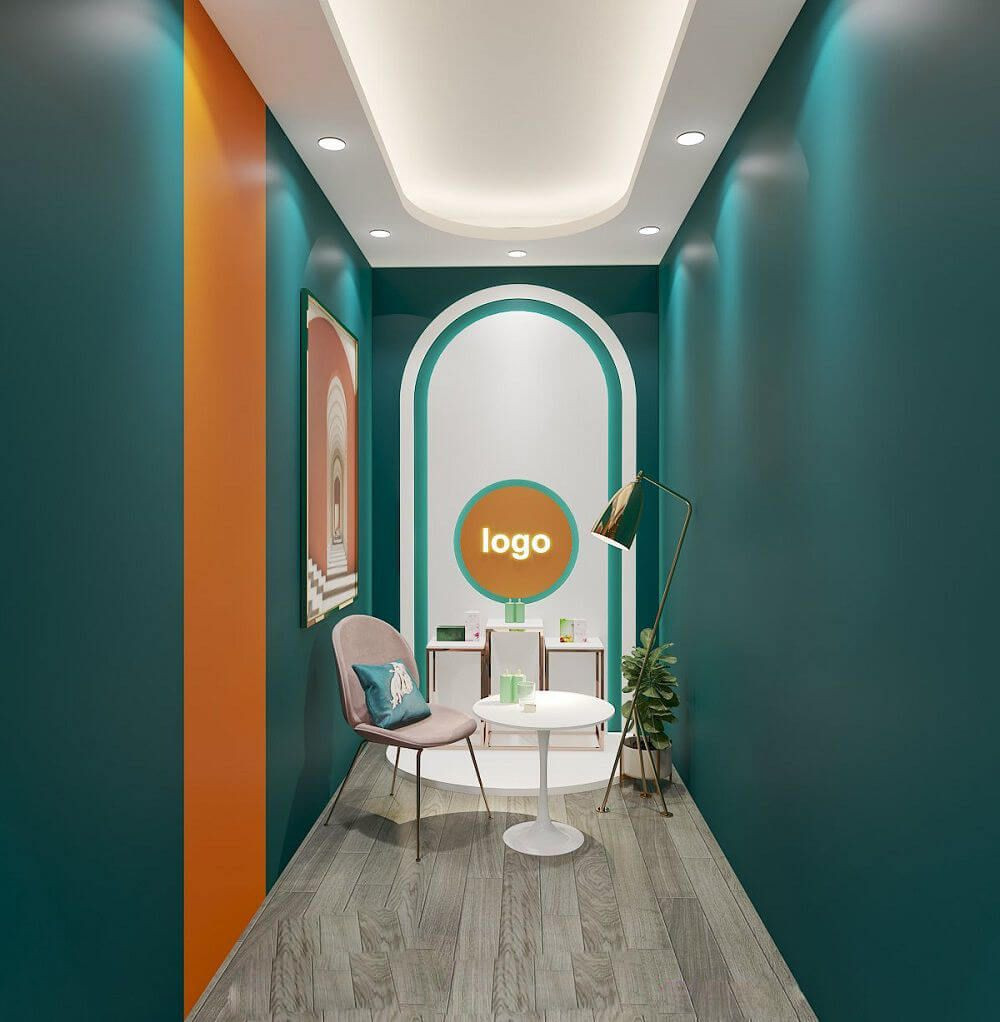 Thiết kế phòng livestream bán quần áo diện tích nhỏ với sự kết hợp xanh cổ vịt và trắng, mang đến cảm giác trẻ trung, năng động và tối ưu không gian