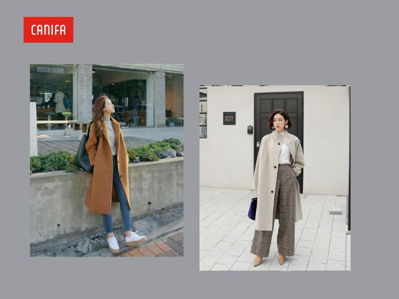 Thời trang mùa đông: Áo măng tô màu xanh rêu kết hợp với áo len cổ lọ màu trắng kem, tạo vẻ ngoài ấm áp, thời thượng và cuốn hút cho phái đẹp khi dạo phố.