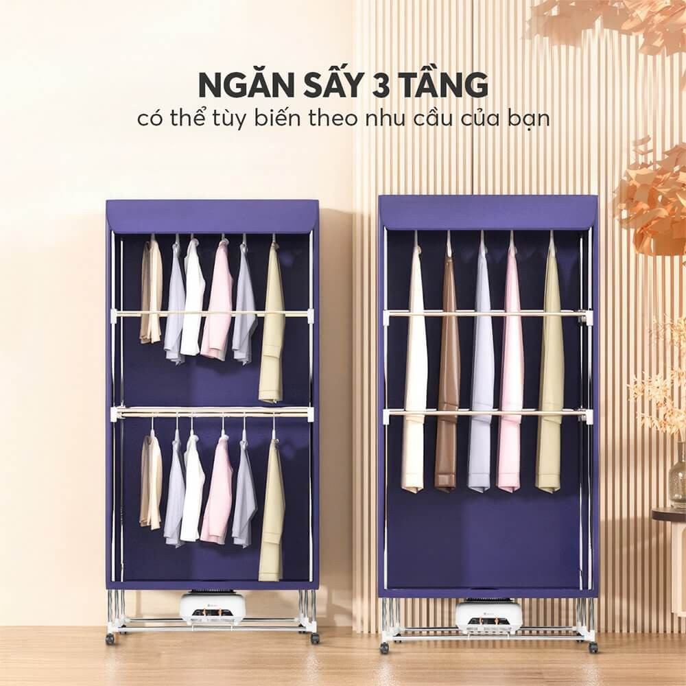 Toàn cảnh khung xương tủ sấy Elmich 3 tầng đã hoàn thiện, sẵn sàng cho việc treo quần áo.