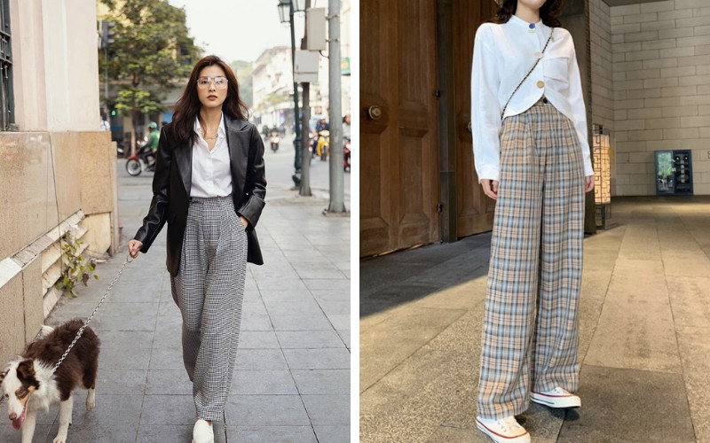 Trang phục quần caro ống rộng phối cùng áo sơ mi trắng tạo nên vẻ ngoài thanh lịch, chuyên nghiệp