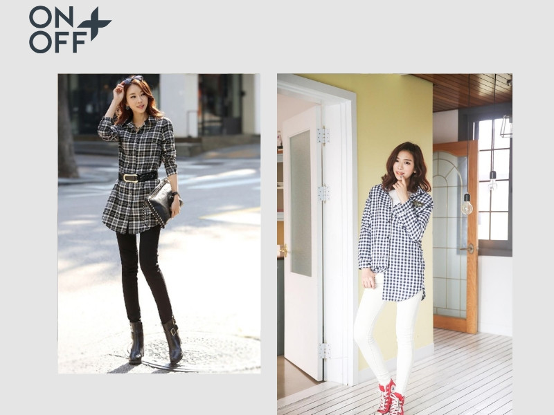 Trẻ trung sành điệu với áo sơ mi họa tiết trừu tượng nhiều màu kết hợp quần legging đen trơn, bí quyết phối áo sơ mi với quần legging hài hòa.