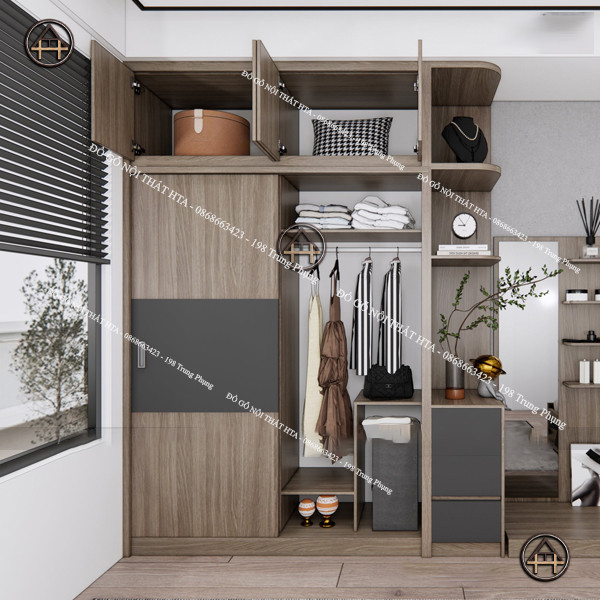 Tủ quần áo 2 buồng cánh lùa kết hợp kệ trang trí, tối ưu không gian tiện ích