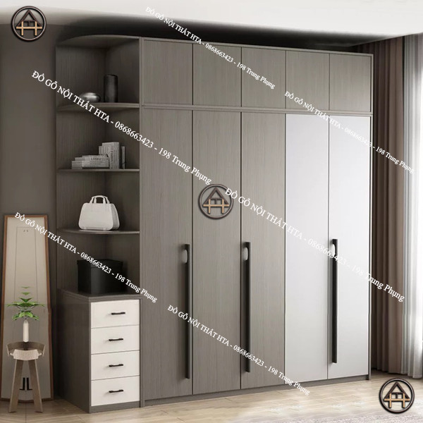 Tủ quần áo 5 cánh lớn với kệ trang trí bên cạnh, thiết kế tiện lợi và sang trọng