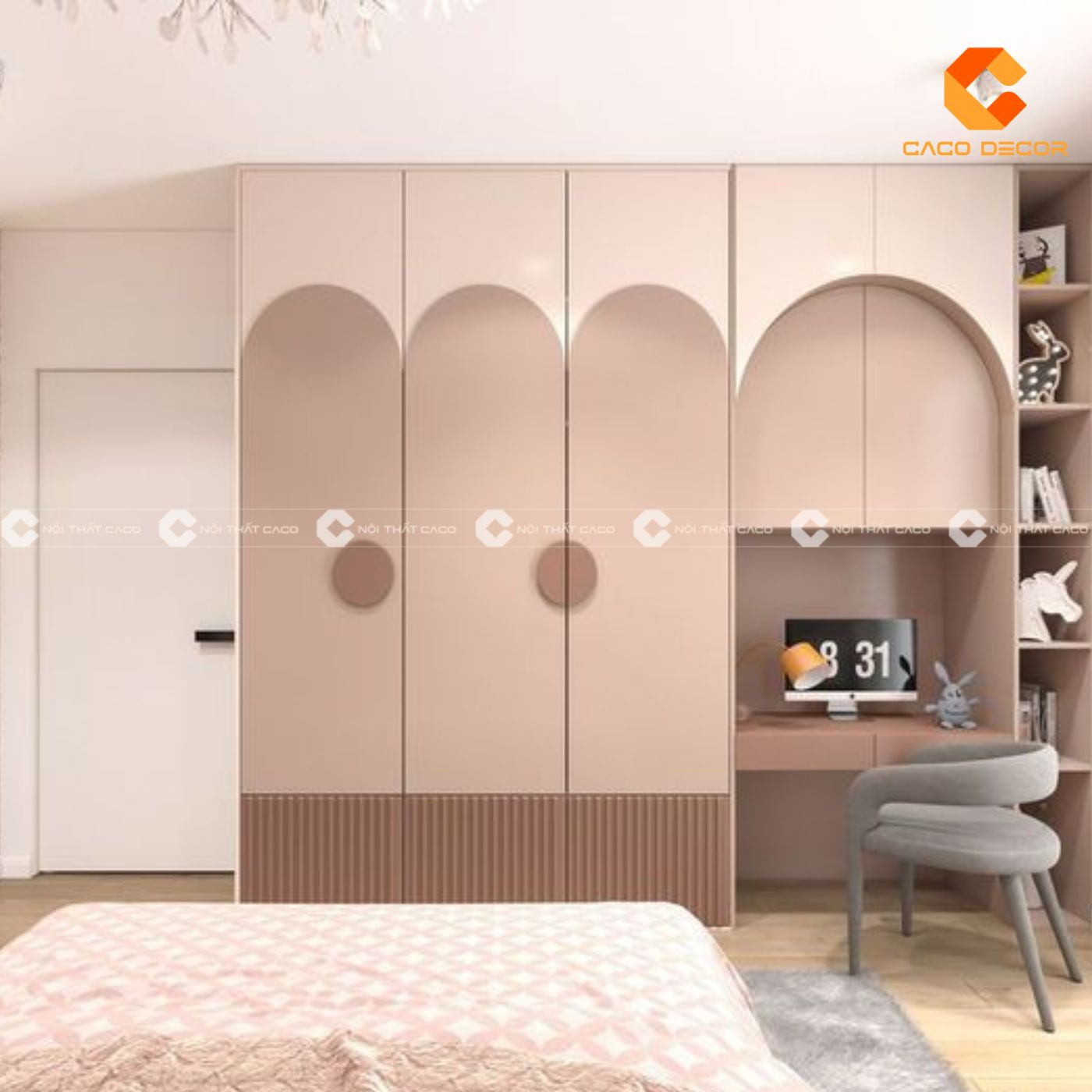 Tủ quần áo bé gái màu hồng xinh xắn tích hợp bàn học tiện lợi, tối ưu không gian