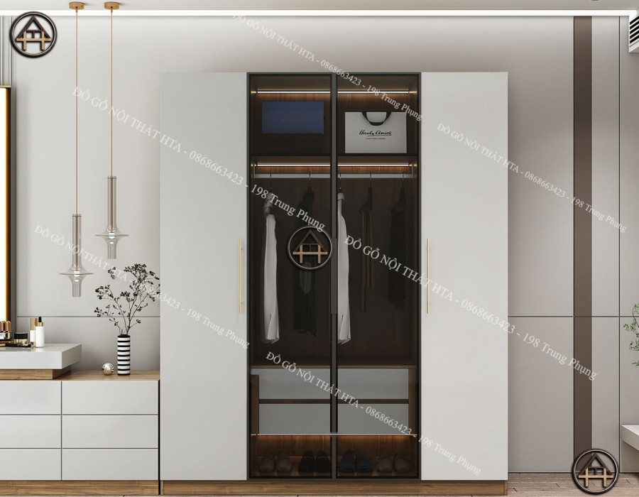 Tủ quần áo cánh kính cao cấp, nội thất màu đen hiện đại và tinh tế