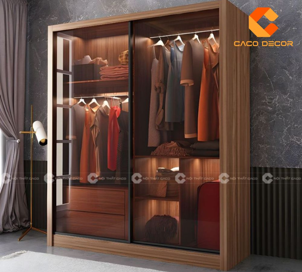 Tủ quần áo cánh kính khung gỗ óc chó cao cấp, mang đến phong cách decor phòng ngủ master sang trọng