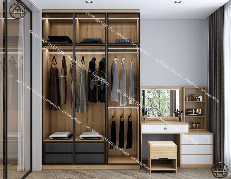 Tủ quần áo cánh kính kịch trần với bàn trang điểm bên cạnh, thiết kế đẳng cấp