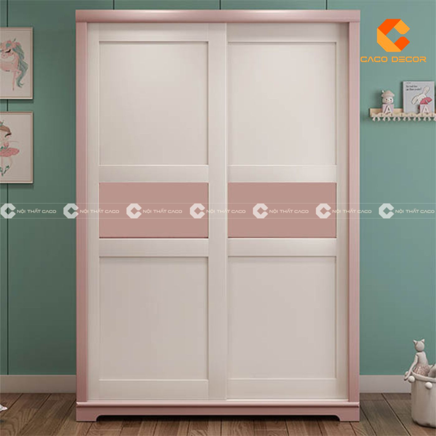 Tủ quần áo cánh lùa cho bé gái tông trắng hồng, tiết kiệm diện tích phòng ngủ