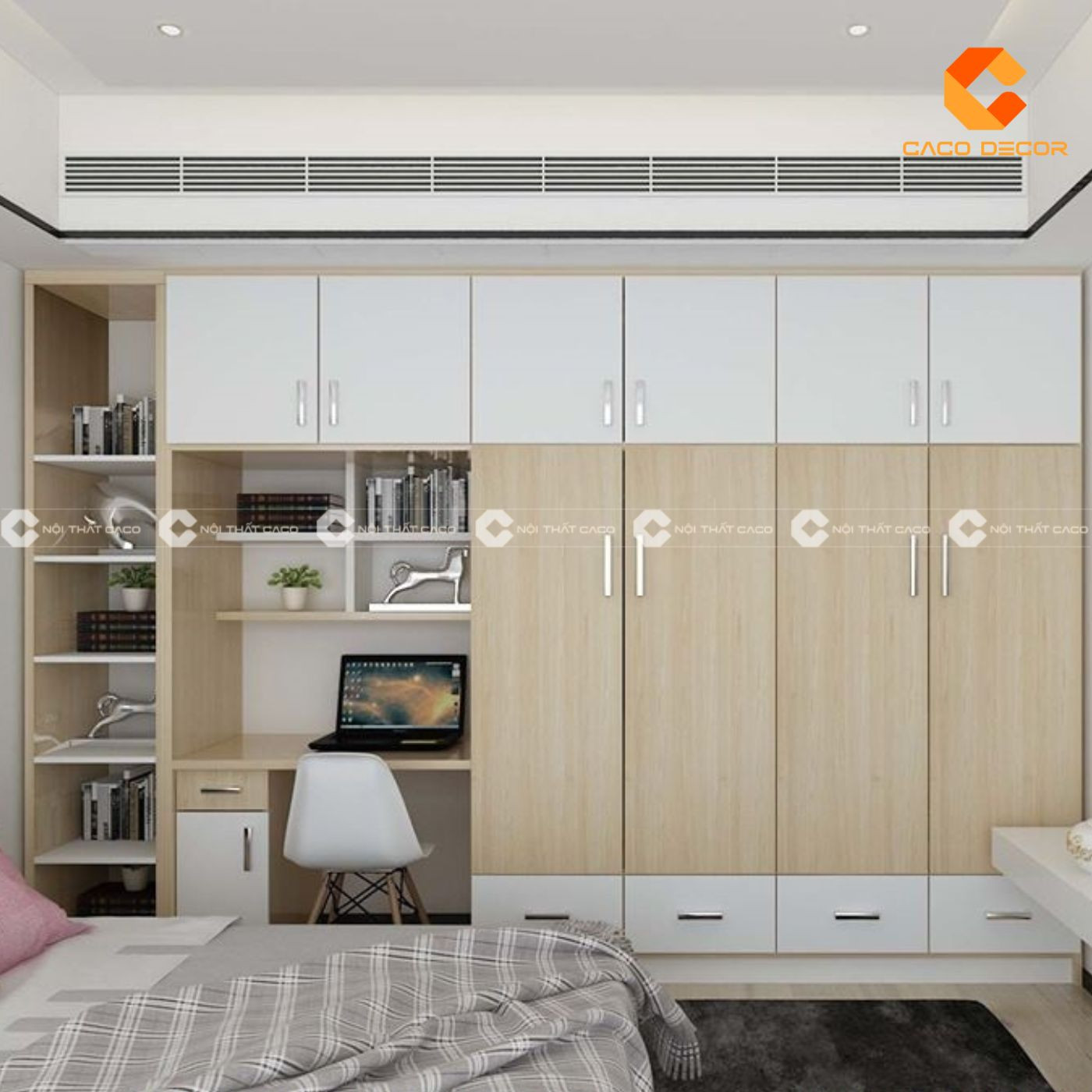 Tủ quần áo đa năng cho bé gái tích hợp bàn học và kệ sách, thúc đẩy thói quen tự lập