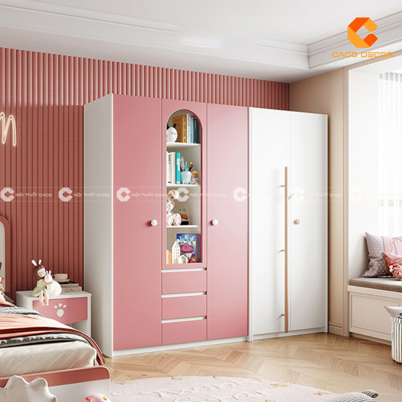 Tủ quần áo gỗ 4 cánh cho bé gái, thiết kế hiện đại, rộng rãi