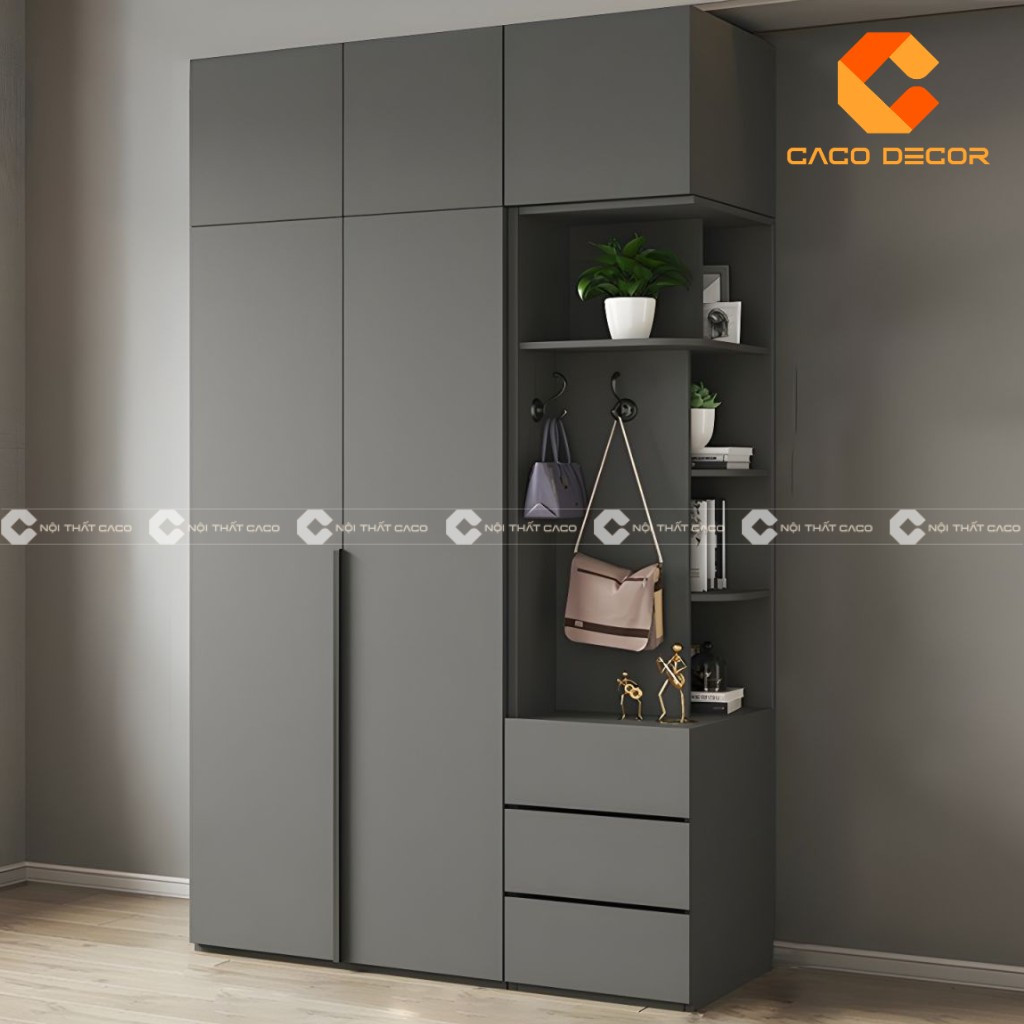 Tủ quần áo gỗ công nghiệp 2 cánh màu trắng xám, thiết kế tối giản cho phòng nhỏ