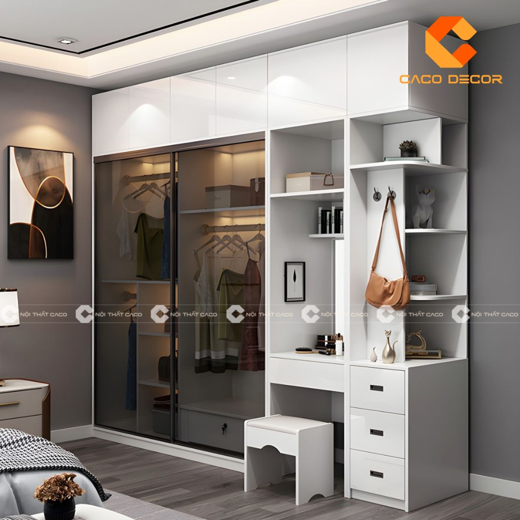 Tủ quần áo gỗ công nghiệp cánh kính màu trắng, mang vẻ đẹp hiện đại và sang trọng