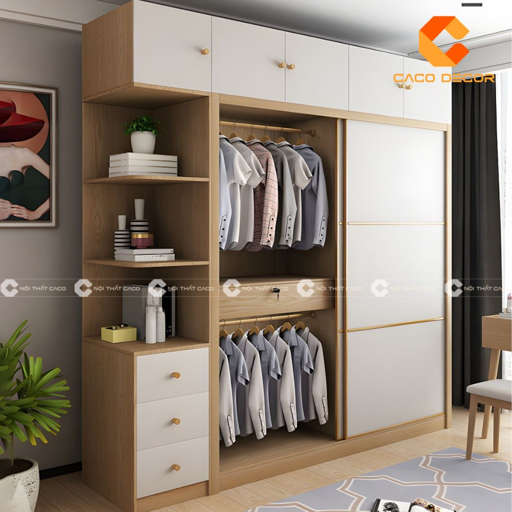 Tủ quần áo gỗ công nghiệp hiện đại với cánh mở và không gian lưu trữ thông minh