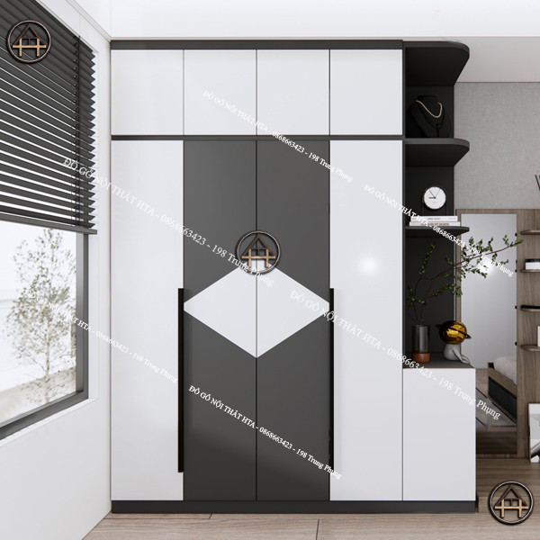 Tủ quần áo gỗ công nghiệp hiện đại với gam màu trung tính, thiết kế tinh tế