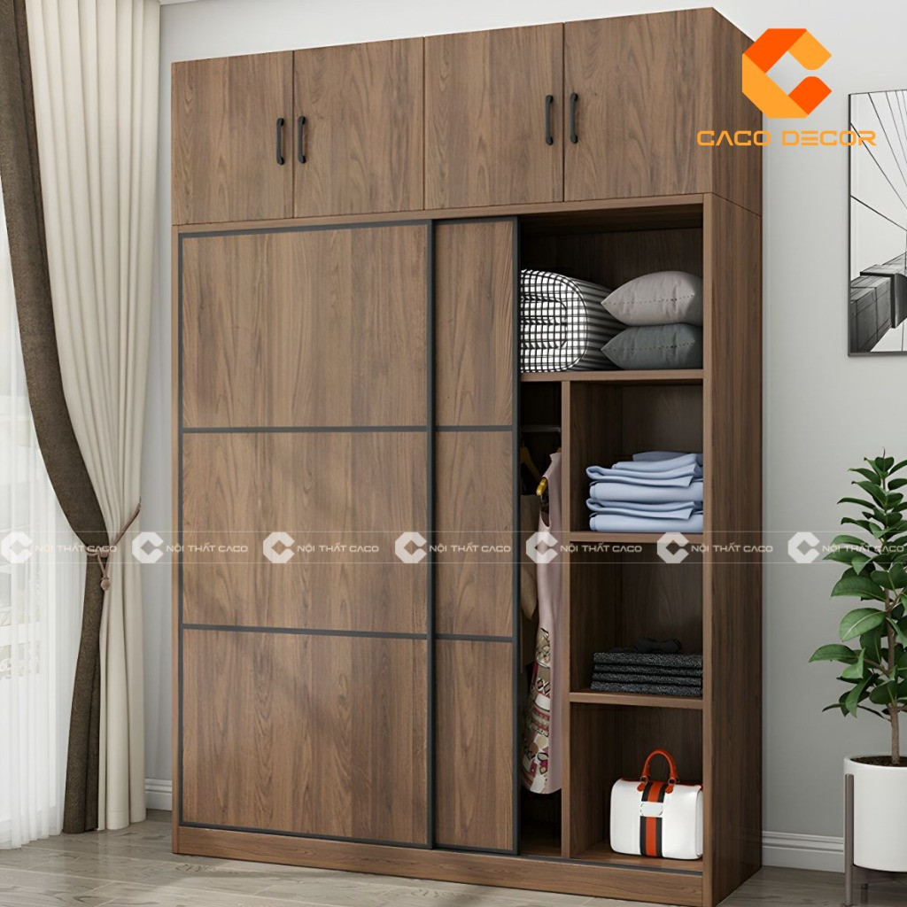 Tủ quần áo gỗ cửa lùa màu nâu gỗ giúp tối ưu không gian và tiết kiệm diện tích cho căn phòng