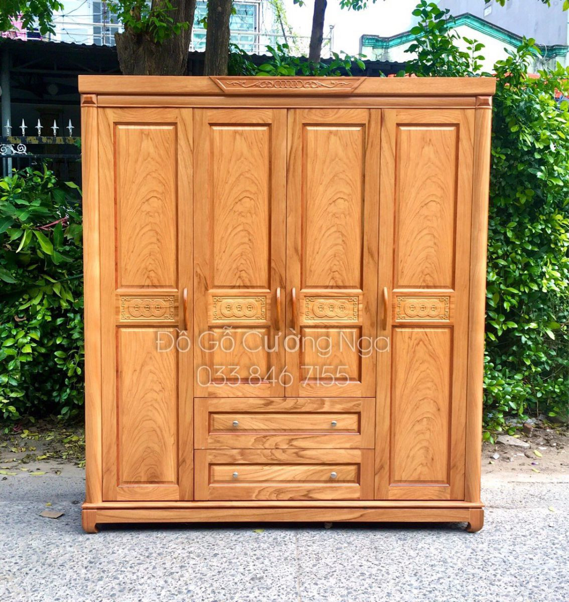 Tủ quần áo gỗ gõ đỏ 4 cánh kiểu hiện đại, đơn giản