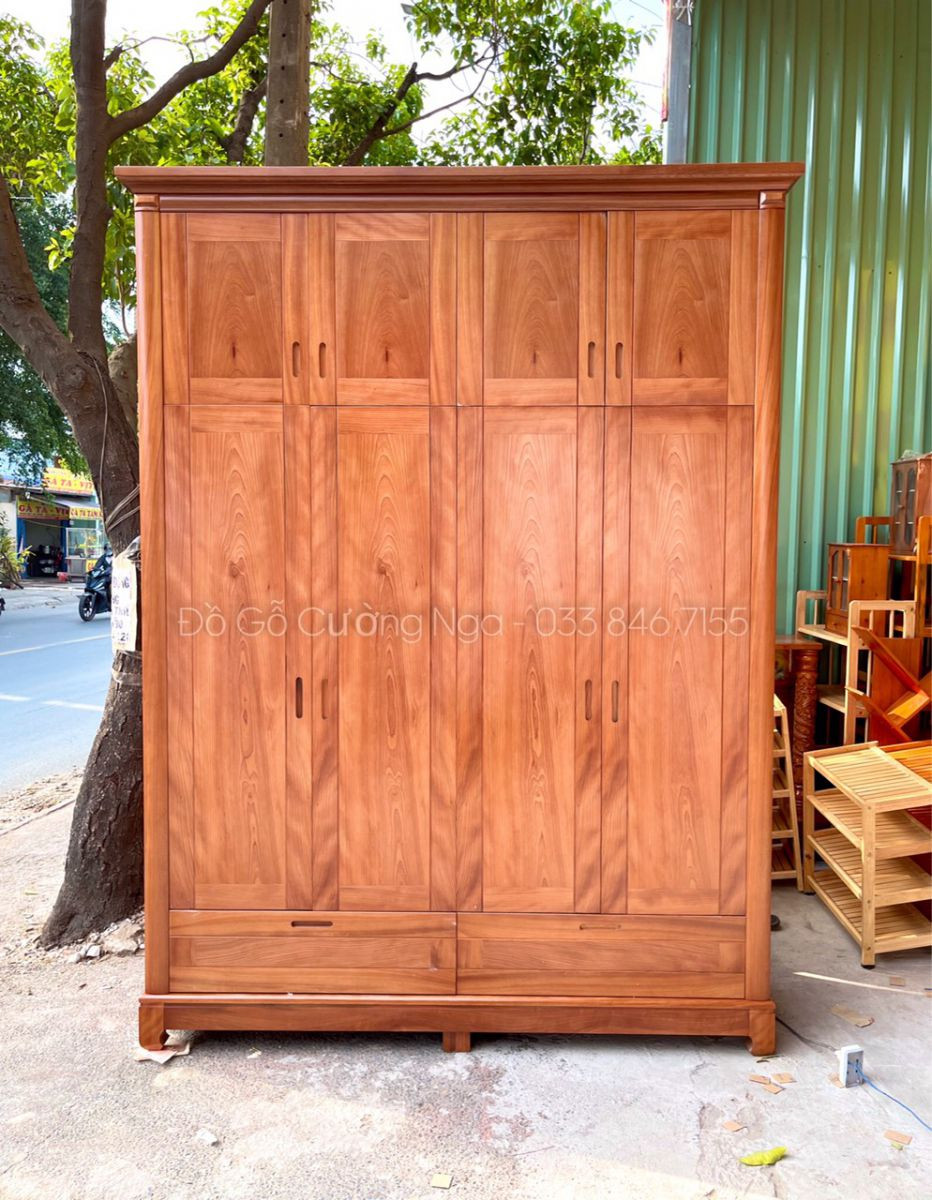 Tủ quần áo gỗ xoan đào 4 cánh 2 tầng, tối ưu không gian lưu trữ với thiết kế tiện lợi và hiện đại.