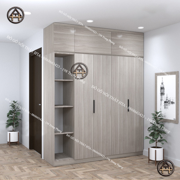 Tủ quần áo kịch trần 4 cánh có kệ trang trí, tối ưu không gian lưu trữ lên trần