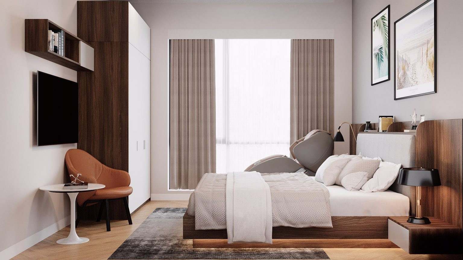 Tủ quần áo màu trắng đặt cạnh cửa sổ, không che chắn nguồn sáng tự nhiên, giúp phòng ngủ luôn thông thoáng.