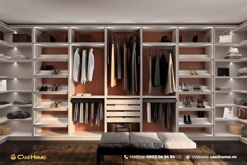 Tủ quần áo treo tường màu trắng hiện đại với các ngăn kệ mở và đóng, tối ưu không gian