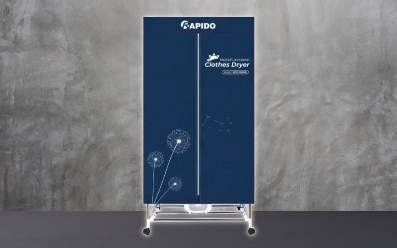 Tủ sấy quần áo Rapido 20kg RCD-15B90 màu xanh lam, thiết kế dạng tủ đứng với khung kim loại và vải bao, tiện lợi cho việc sấy khô quần áo số lượng lớn.